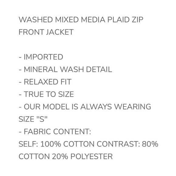 3599 Size Large OLI & HALI  417 🇺🇸WASHED MIXED MEDIA PLAID ZIP FRONTJACKET New - Picture 5 of 5